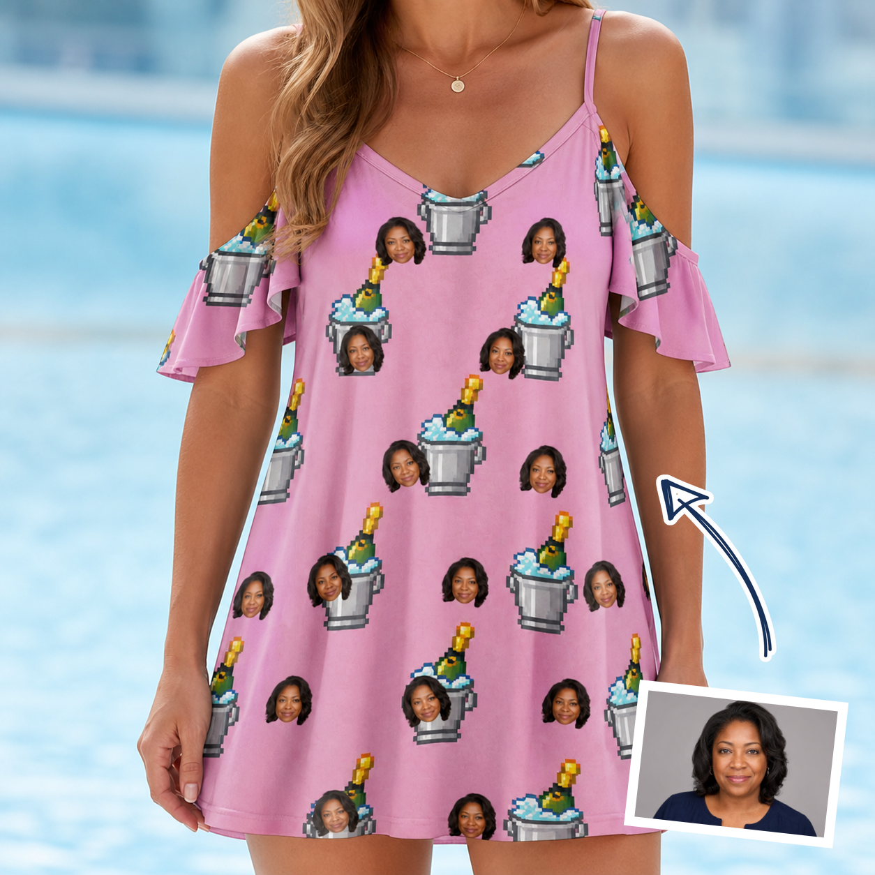 Woman wearing Women's Last Toast Custom Face Off-Shoulder Dress — custom faces printed all-over