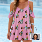 Woman wearing Women's Last Toast Custom Face Off-Shoulder Dress — custom faces printed all-over