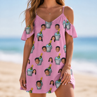 Model wearing Women's Last Toast Custom Face Off-Shoulder Dress printed with kids' faces