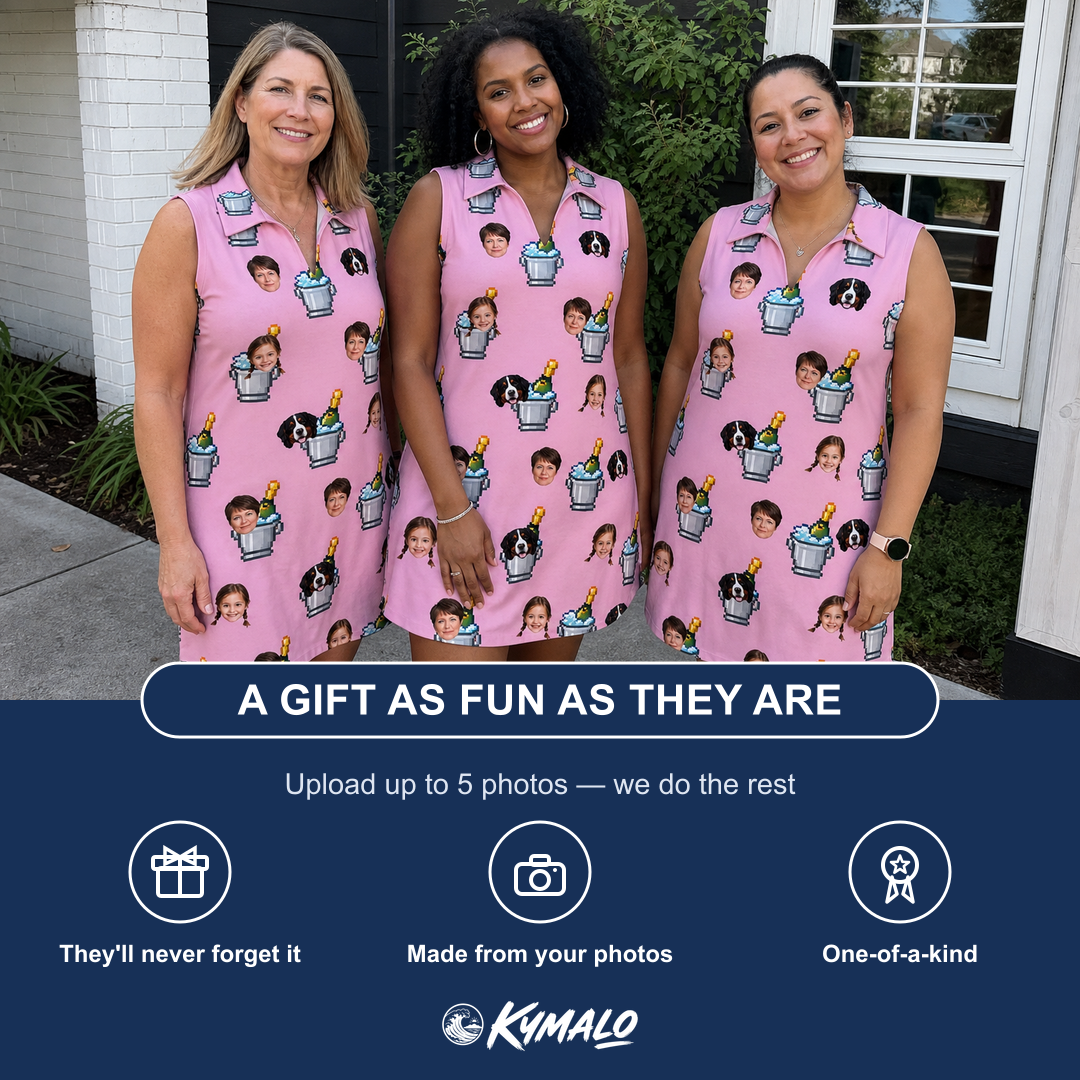 Friends in matching Women's Last Toast Custom Face V-Neck Dress — a group gift photo