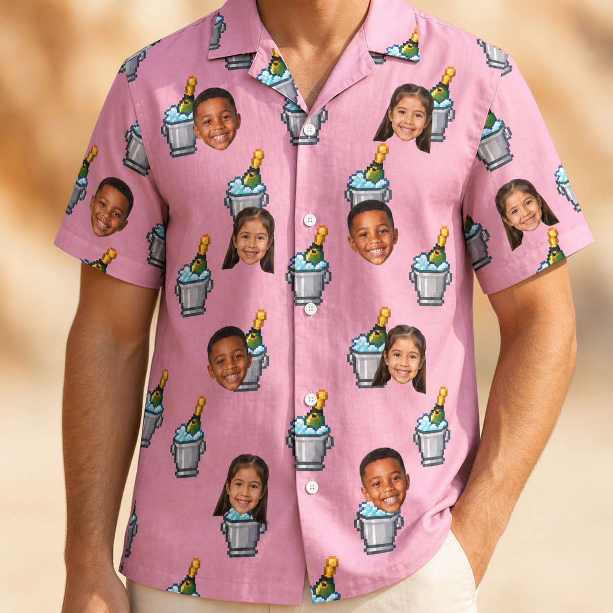 Model wearing Men's Last Toast Custom Face Hawaiian Shirt printed with kids' faces