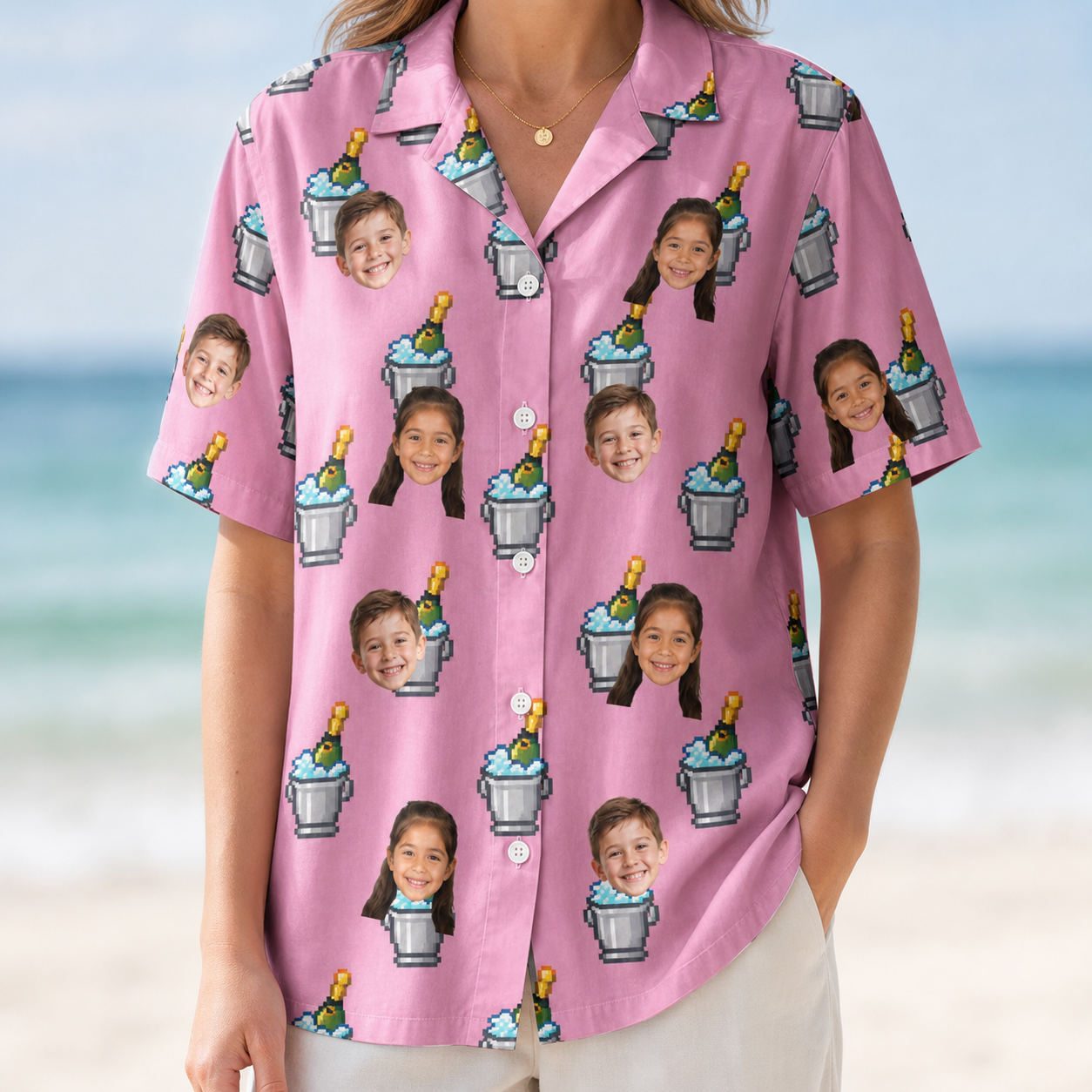 Model wearing Women's Last Toast Custom Face Hawaiian Shirt printed with kids' faces