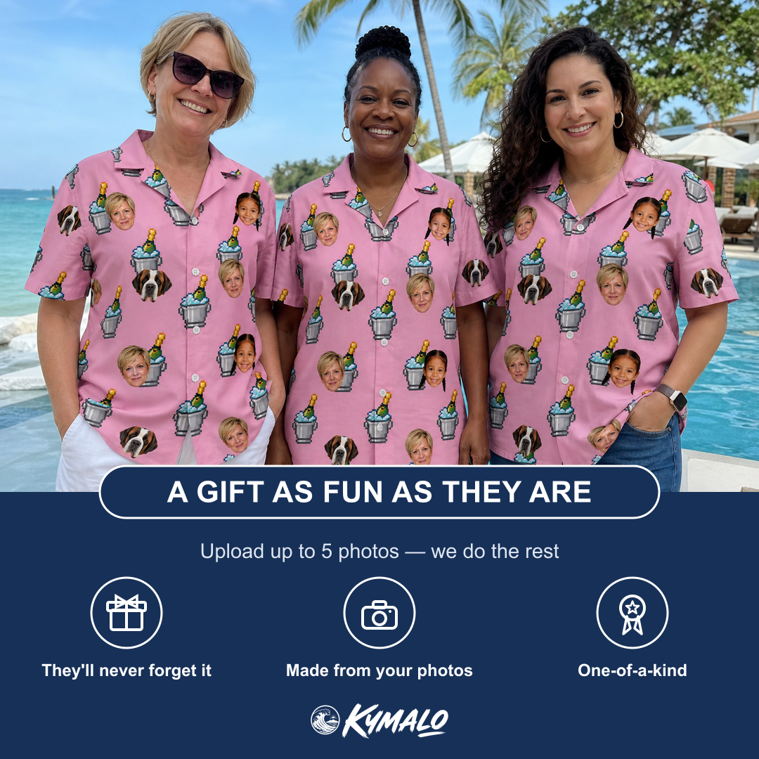 Friends in matching Women's Last Toast Custom Face Hawaiian Shirt — a group gift photo