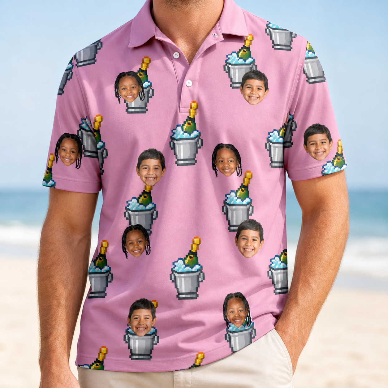 Model wearing Men's Last Toast Custom Face Polo Shirt printed with kids' faces