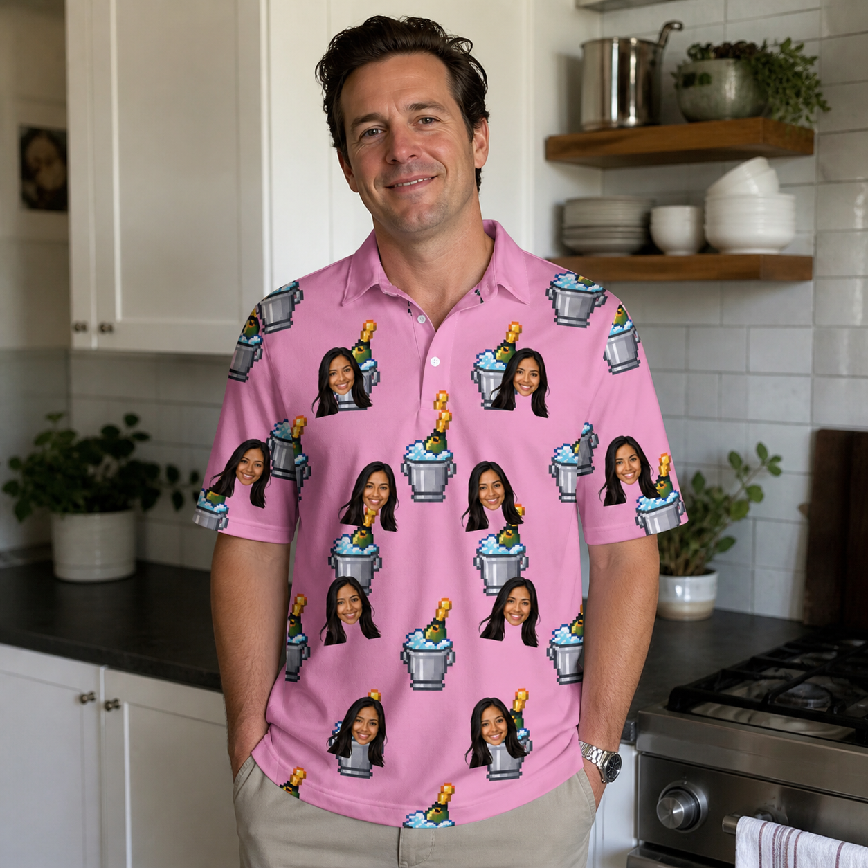 Real-life photo of someone wearing Men's Last Toast Custom Face Polo Shirt — custom faces printed all-over