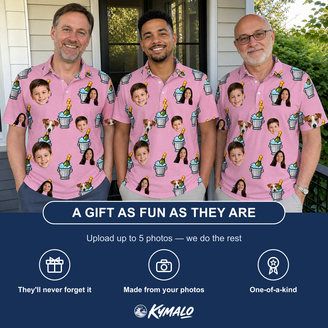 Friends in matching Men's Last Toast Custom Face Polo Shirt — a group gift photo