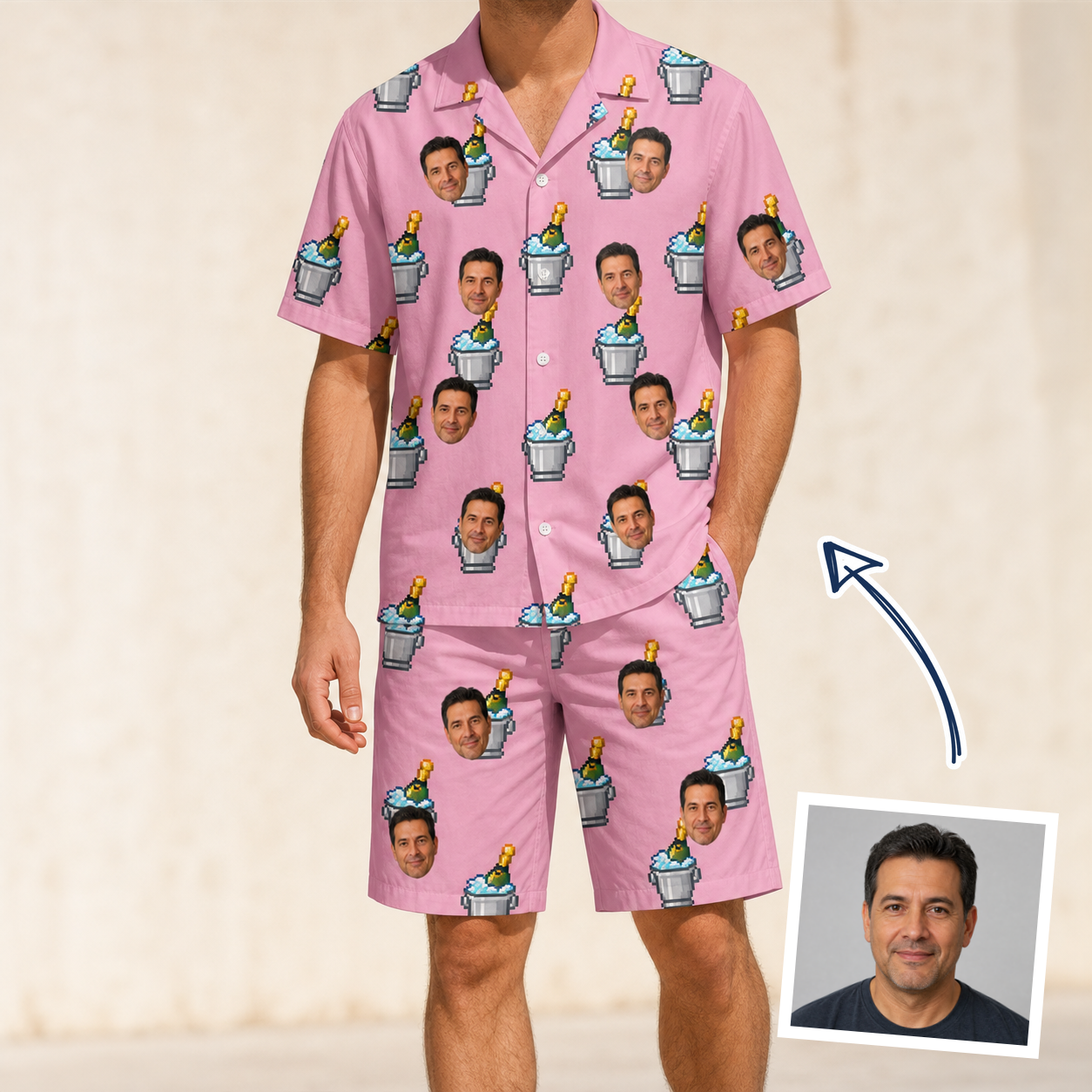 Man wearing Men's Last Toast Custom Face Shirt & Shorts Set — custom faces printed all-over