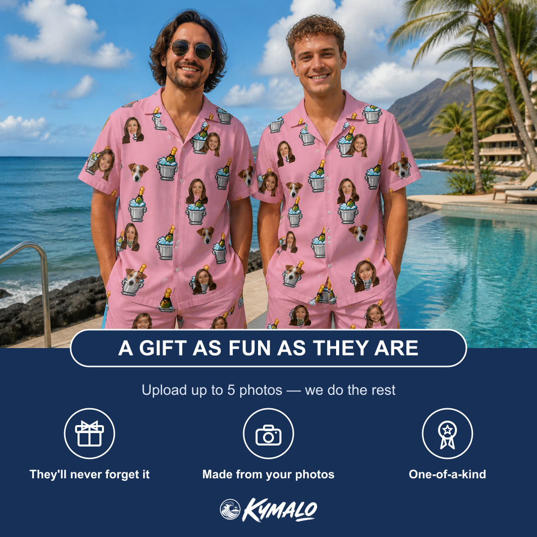 Friends in matching Men's Last Toast Custom Face Shirt & Shorts Set — a group gift photo