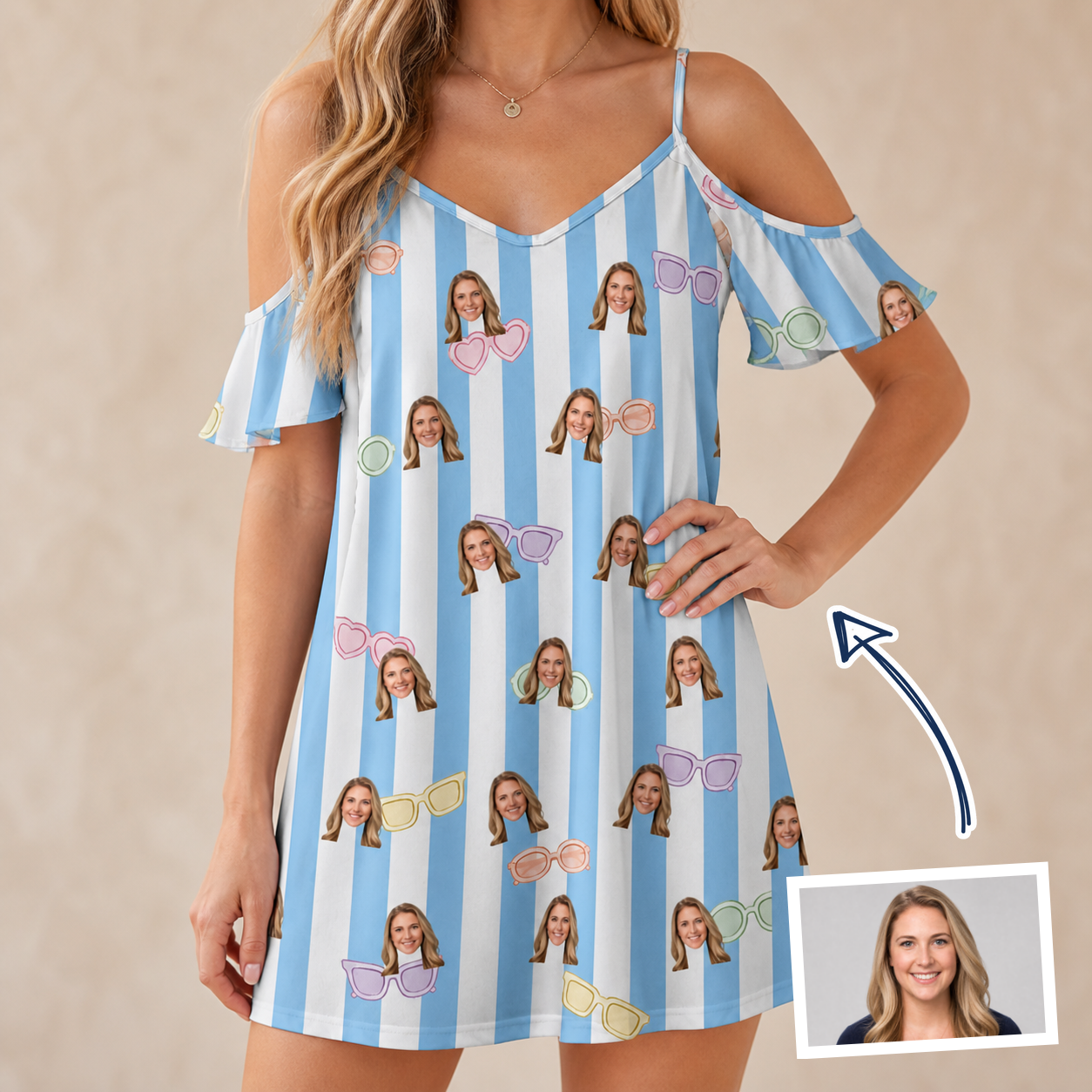 Woman wearing Women's Henhouse Hues Custom Face Off-Shoulder Dress — custom faces printed all-over