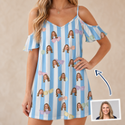 Woman wearing Women's Henhouse Hues Custom Face Off-Shoulder Dress — custom faces printed all-over