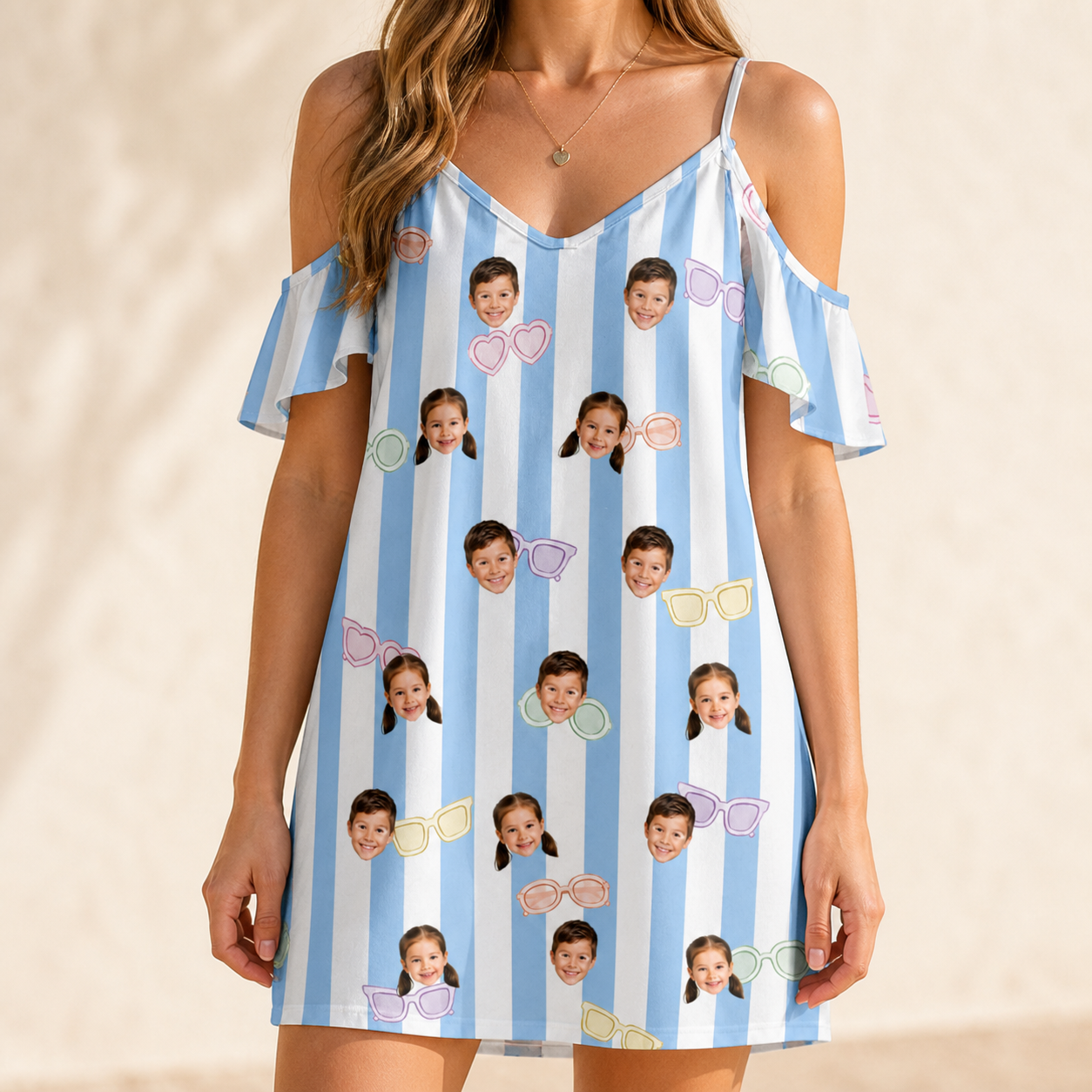 Model wearing Women's Henhouse Hues Custom Face Off-Shoulder Dress printed with kids' faces