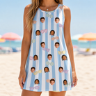 Model wearing Women's Henhouse Hues Custom Face Tank Dress printed with kids' faces