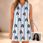 Woman wearing Women's Henhouse Hues Custom Face V-Neck Dress — custom faces printed all-over