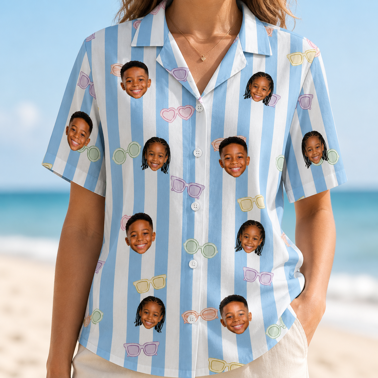 Model wearing Women's Henhouse Hues Custom Face Hawaiian Shirt printed with kids' faces