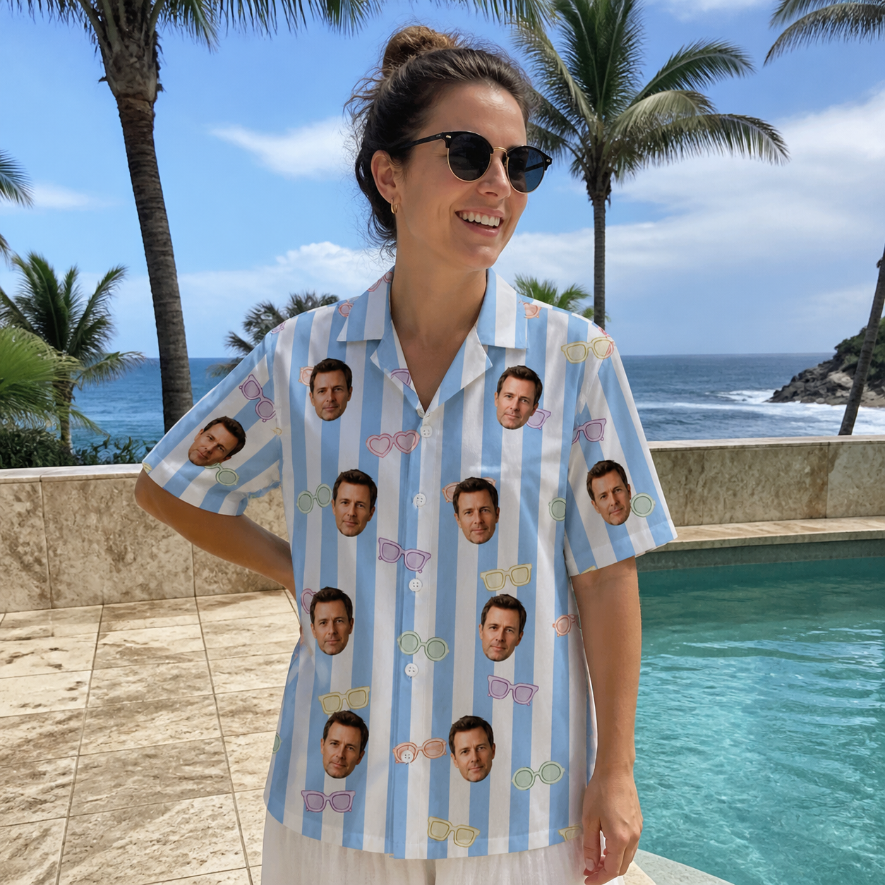 Real-life photo of someone wearing Women's Henhouse Hues Custom Face Hawaiian Shirt — custom faces printed all-over