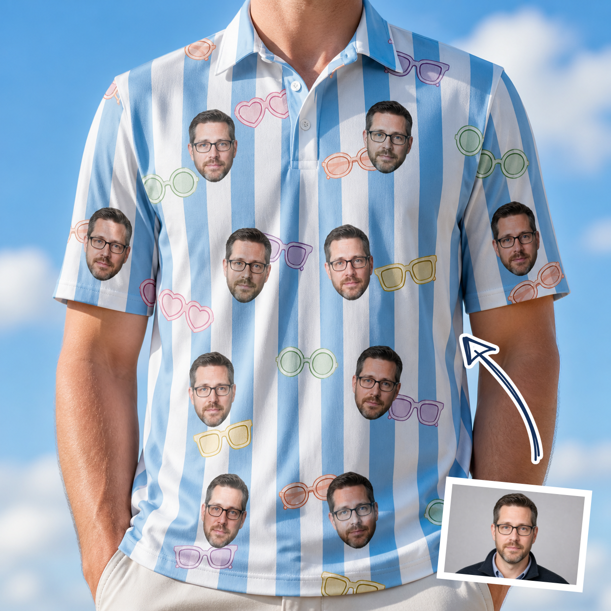 Man wearing Men's Henhouse Hues Custom Face Polo Shirt — custom faces printed all-over