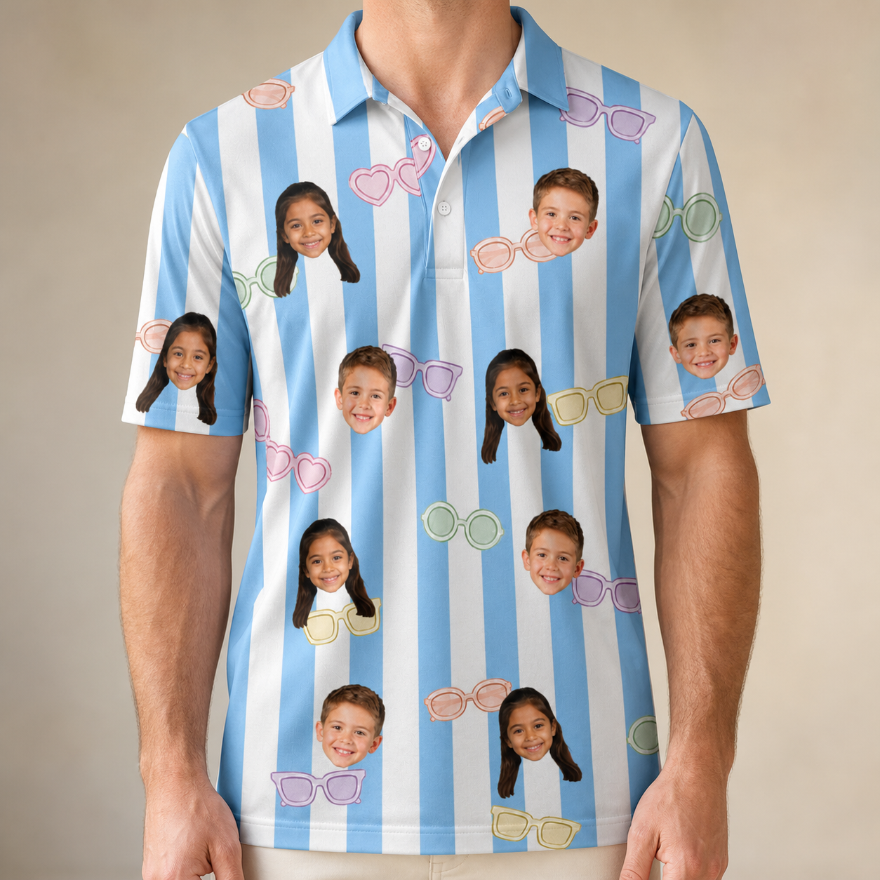 Model wearing Men's Henhouse Hues Custom Face Polo Shirt printed with kids' faces