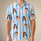 Model wearing Men's Henhouse Hues Custom Face Polo Shirt printed with kids' faces