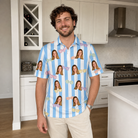 Real-life photo of someone wearing Men's Henhouse Hues Custom Face Polo Shirt — custom faces printed all-over