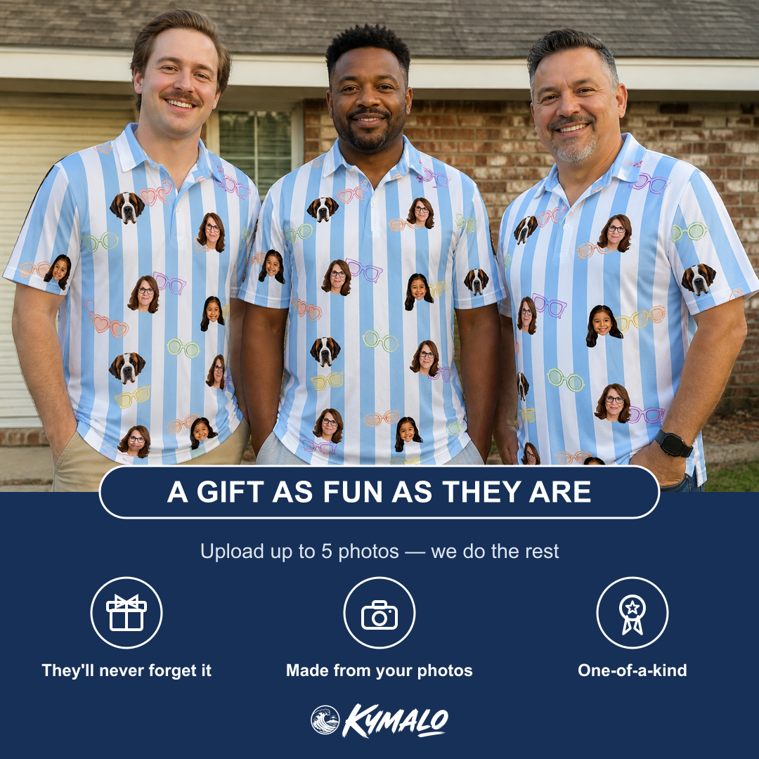 Friends in matching Men's Henhouse Hues Custom Face Polo Shirt — a group gift photo