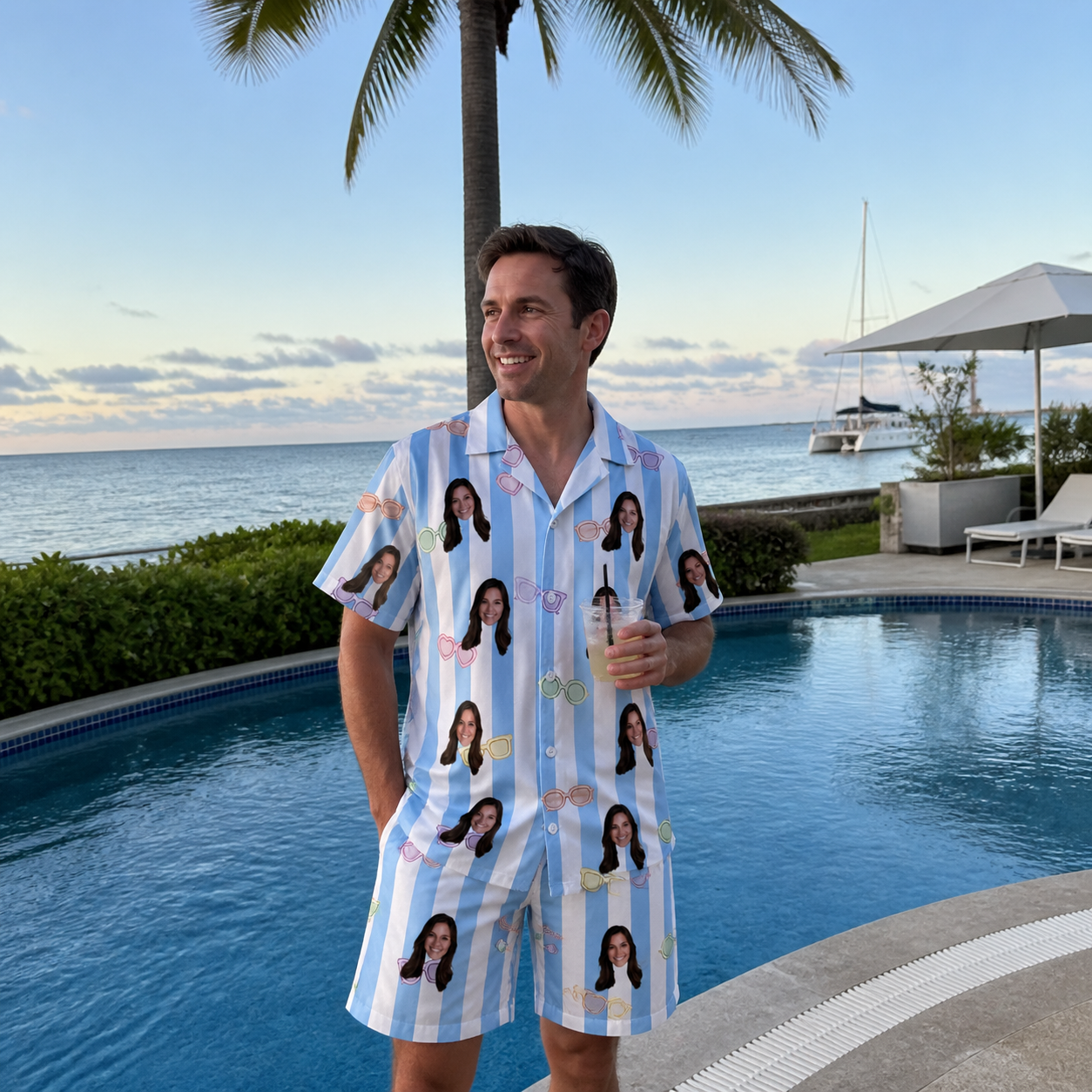 Real-life photo of someone wearing Men's Henhouse Hues Custom Face Shirt & Shorts Set — custom faces printed all-over