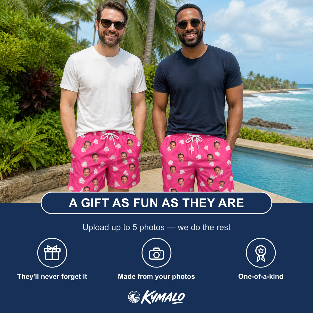 Friends in matching Men's Tiered Tease Custom Face Beach Shorts — a group gift photo