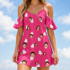 Model wearing Women's Tiered Tease Custom Face Off-Shoulder Dress printed with kids' faces