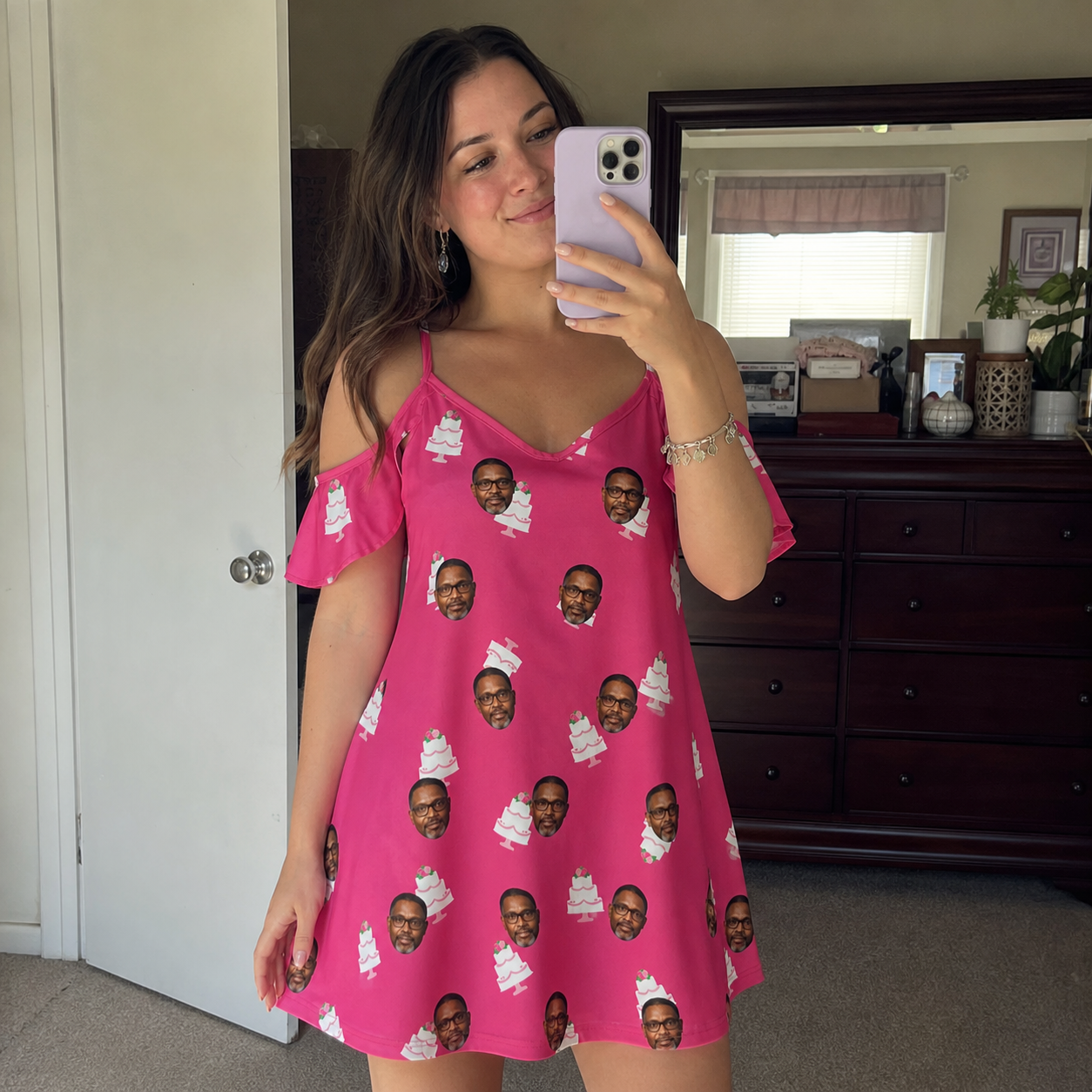 Real-life photo of someone wearing Women's Tiered Tease Custom Face Off-Shoulder Dress — custom faces printed all-over