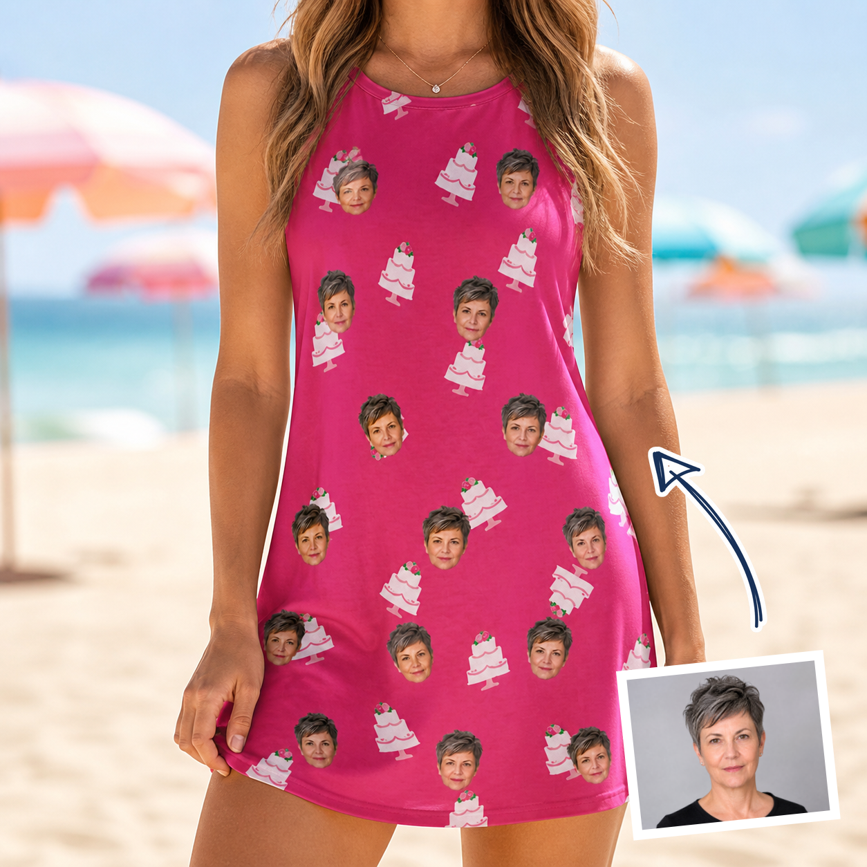 Woman wearing Women's Tiered Tease Custom Face Tank Dress — custom faces printed all-over
