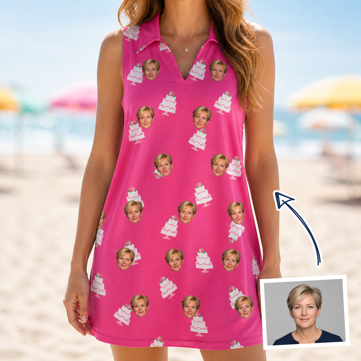 Woman wearing Women's Tiered Tease Custom Face V-Neck Dress — custom faces printed all-over