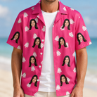 Man wearing Men's Tiered Tease Custom Face Hawaiian Shirt open over a white tee