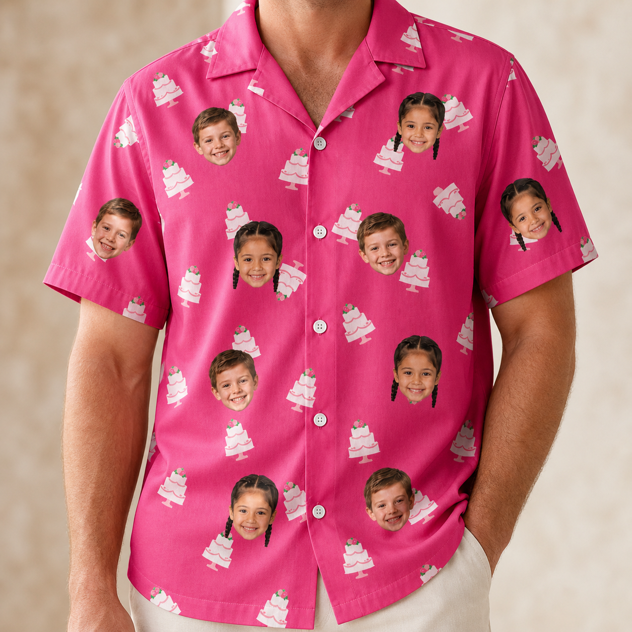 Model wearing Men's Tiered Tease Custom Face Hawaiian Shirt printed with kids' faces