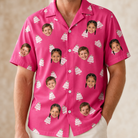 Model wearing Men's Tiered Tease Custom Face Hawaiian Shirt printed with kids' faces