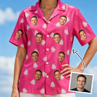 Woman wearing Women's Tiered Tease Custom Face Hawaiian Shirt — custom faces printed all-over