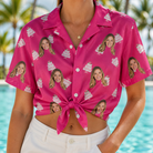Woman wearing Women's Tiered Tease Custom Face Hawaiian Shirt tied at the waist