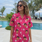 Real-life photo of someone wearing Women's Tiered Tease Custom Face Hawaiian Shirt — custom faces printed all-over