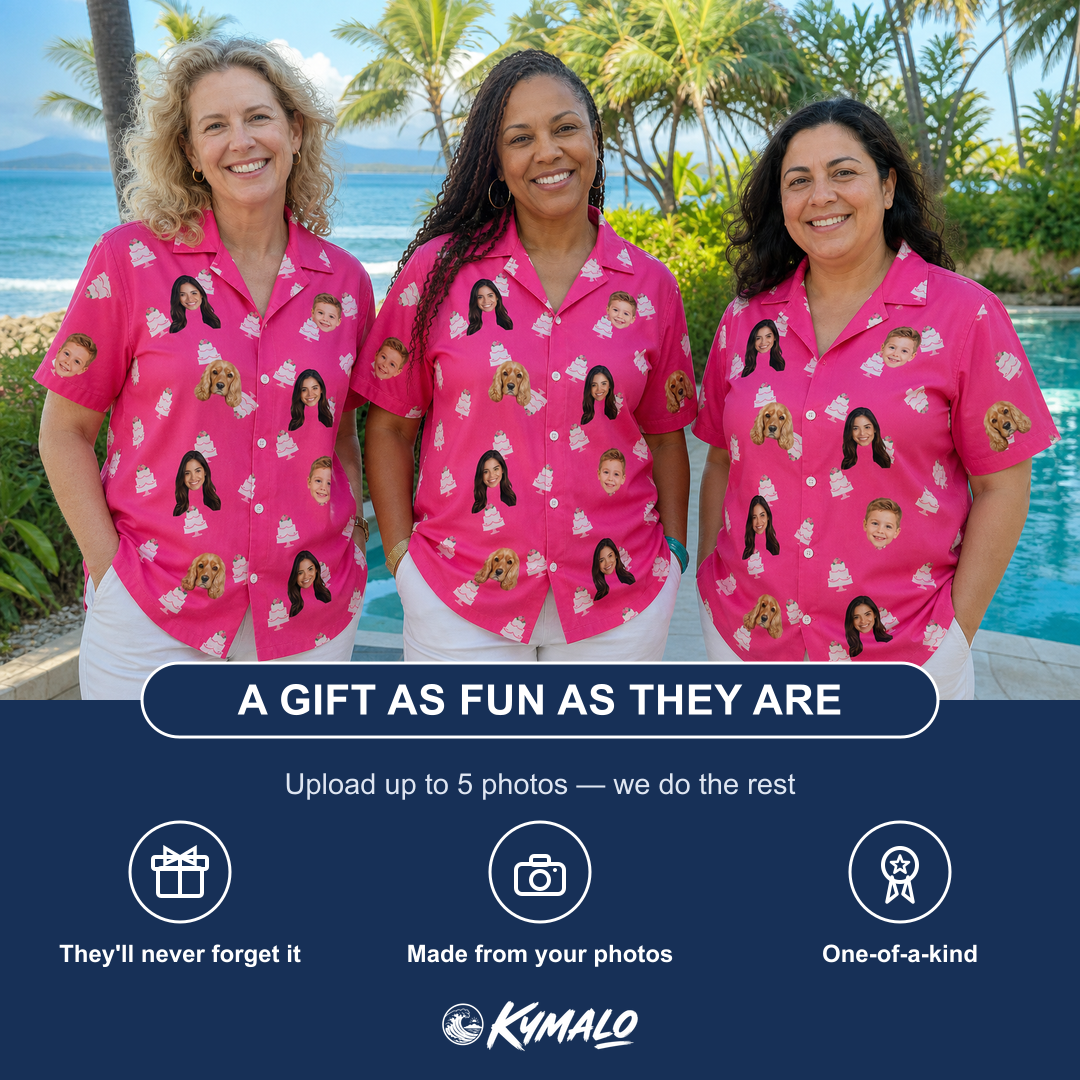 Friends in matching Women's Tiered Tease Custom Face Hawaiian Shirt — a group gift photo
