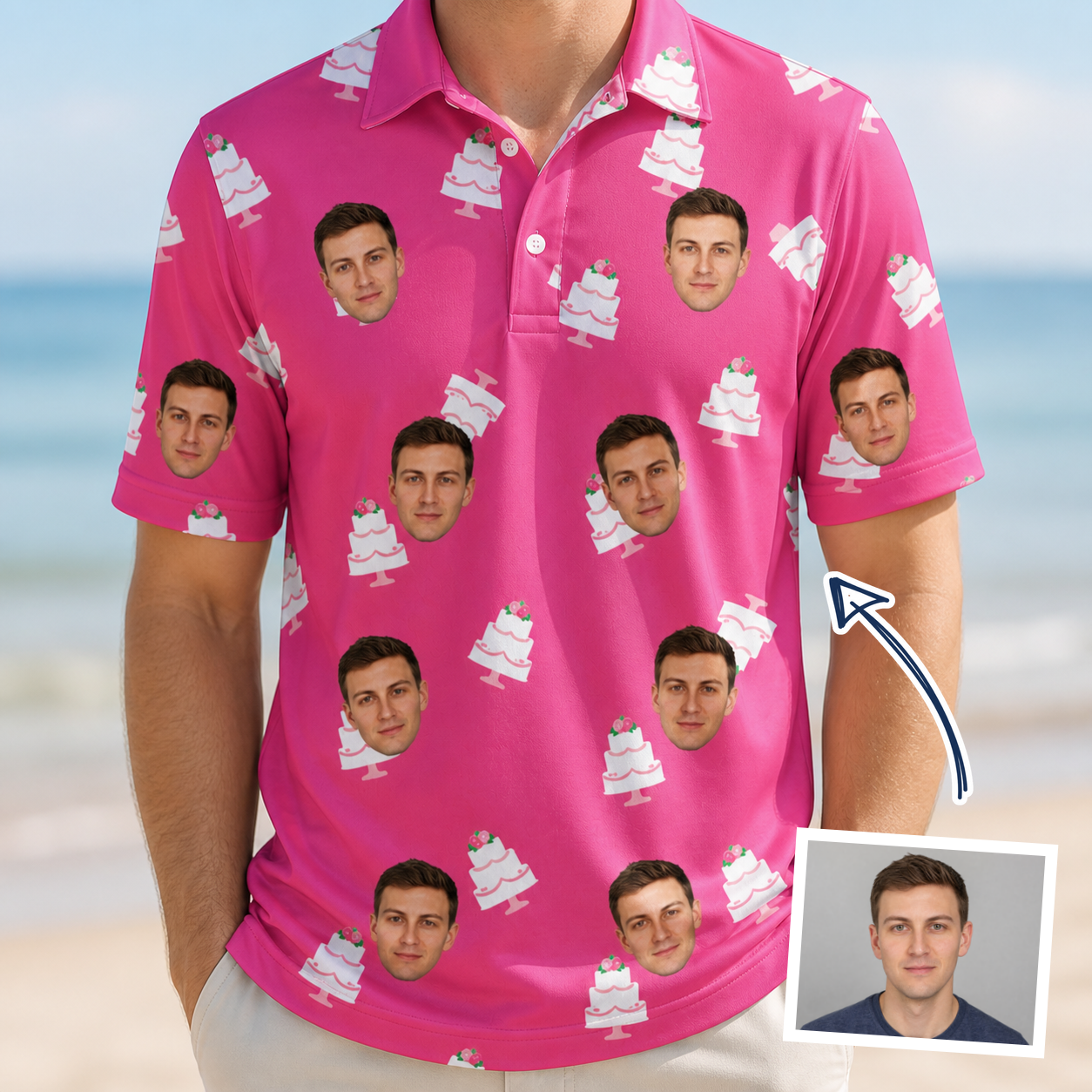 Man wearing Men's Tiered Tease Custom Face Polo Shirt — custom faces printed all-over