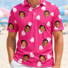 Model wearing Men's Tiered Tease Custom Face Polo Shirt printed with kids' faces