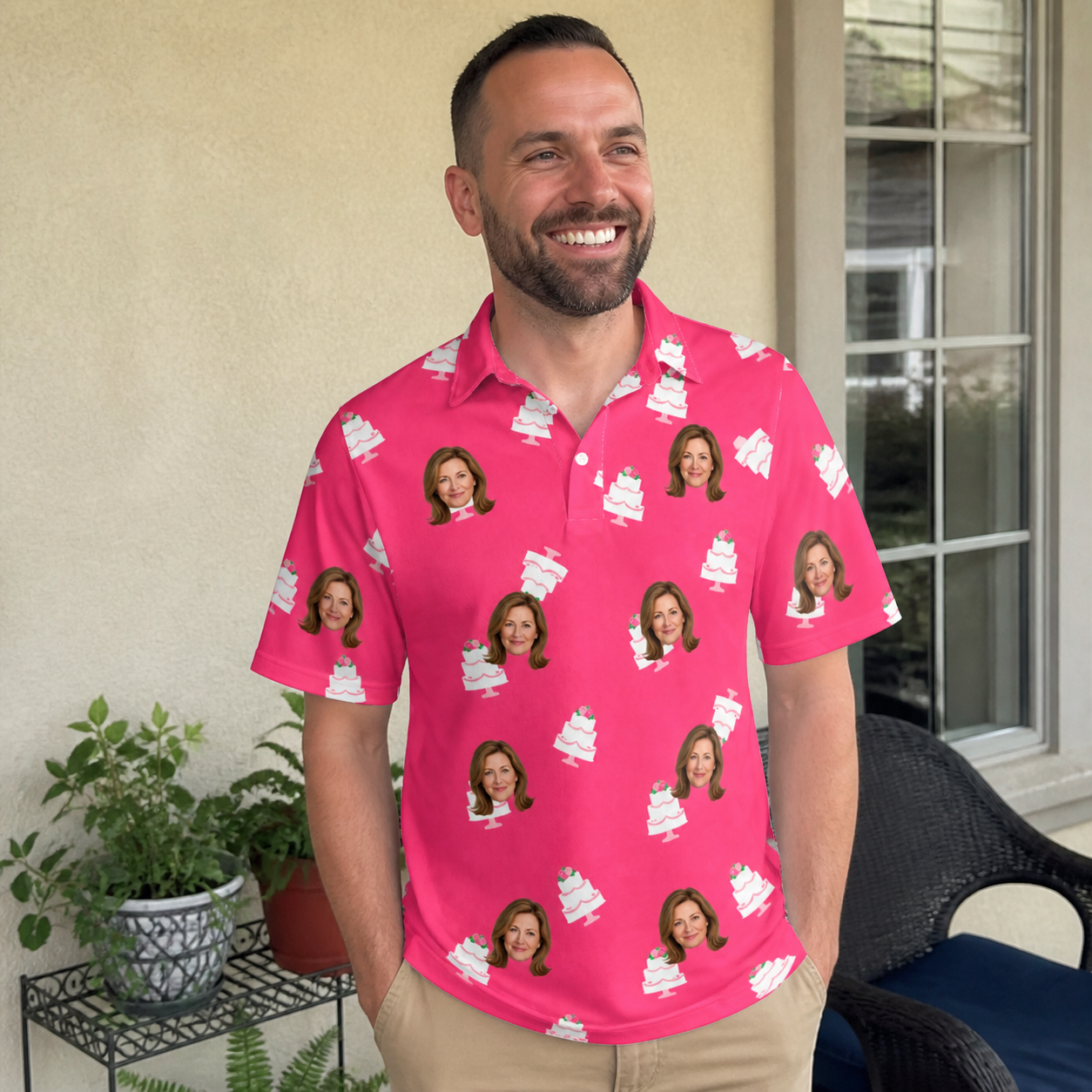 Real-life photo of someone wearing Men's Tiered Tease Custom Face Polo Shirt — custom faces printed all-over
