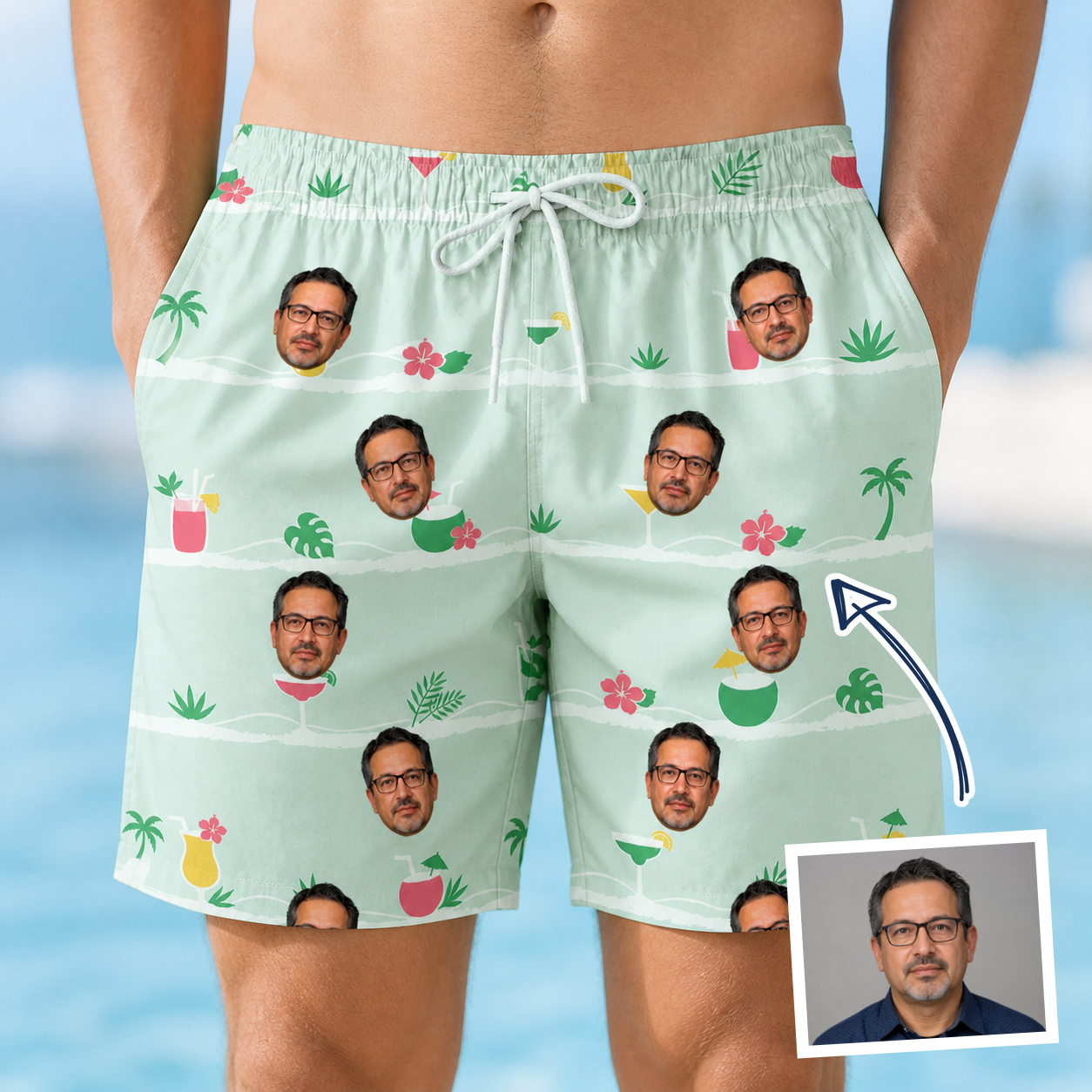 Man wearing Men's Margarita Mayhem Custom Face Beach Shorts — custom faces printed all-over