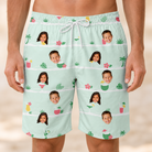 Model wearing Men's Margarita Mayhem Custom Face Beach Shorts printed with kids' faces
