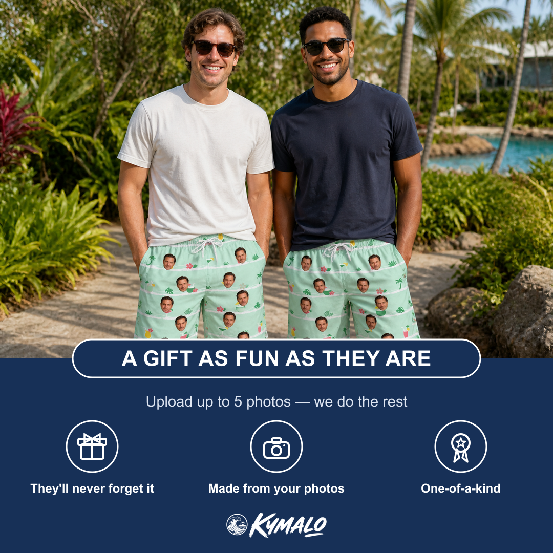 Friends in matching Men's Margarita Mayhem Custom Face Beach Shorts — a group gift photo