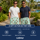 Friends in matching Men's Margarita Mayhem Custom Face Beach Shorts — a group gift photo