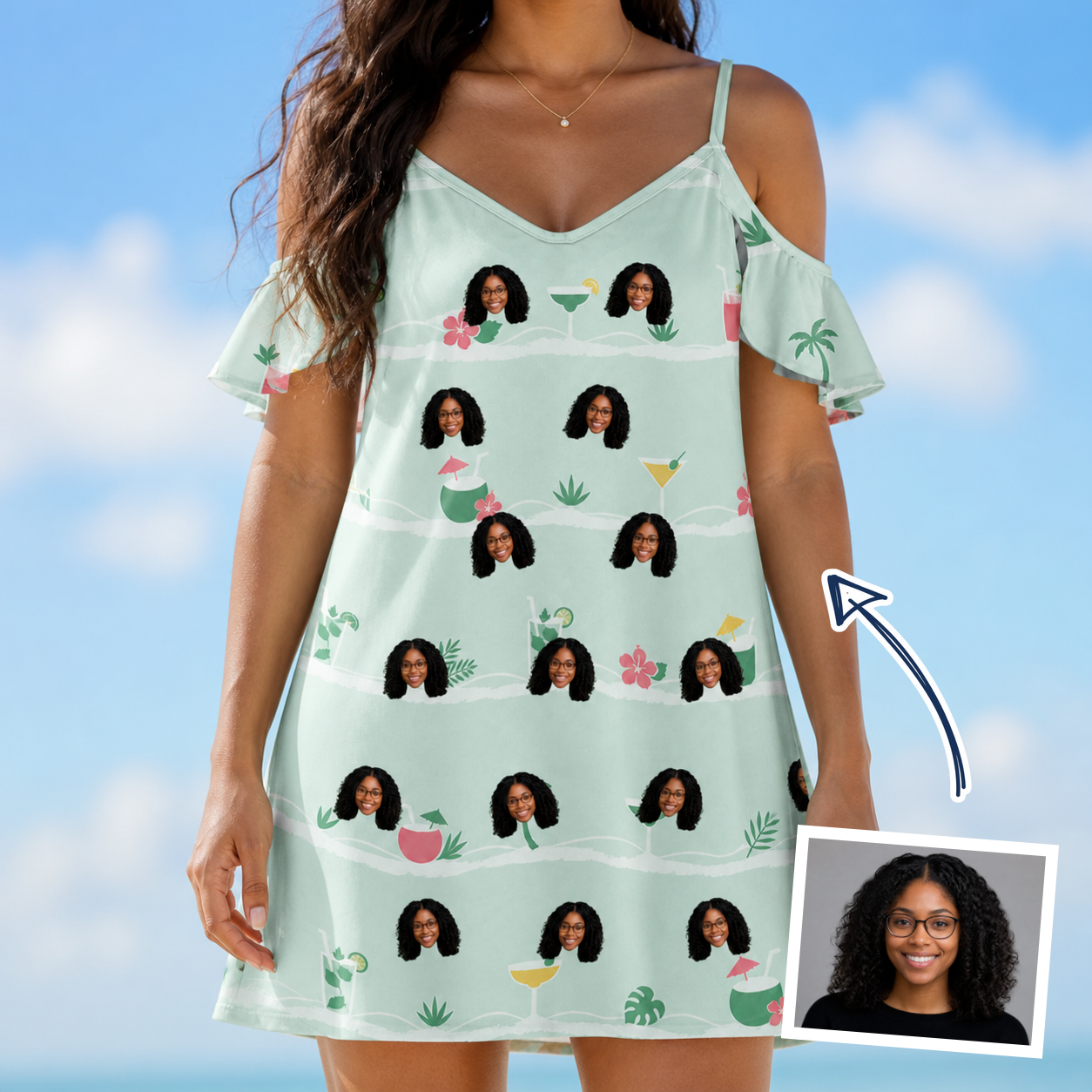 Woman wearing Women's Margarita Mayhem Custom Face Off-Shoulder Dress — custom faces printed all-over
