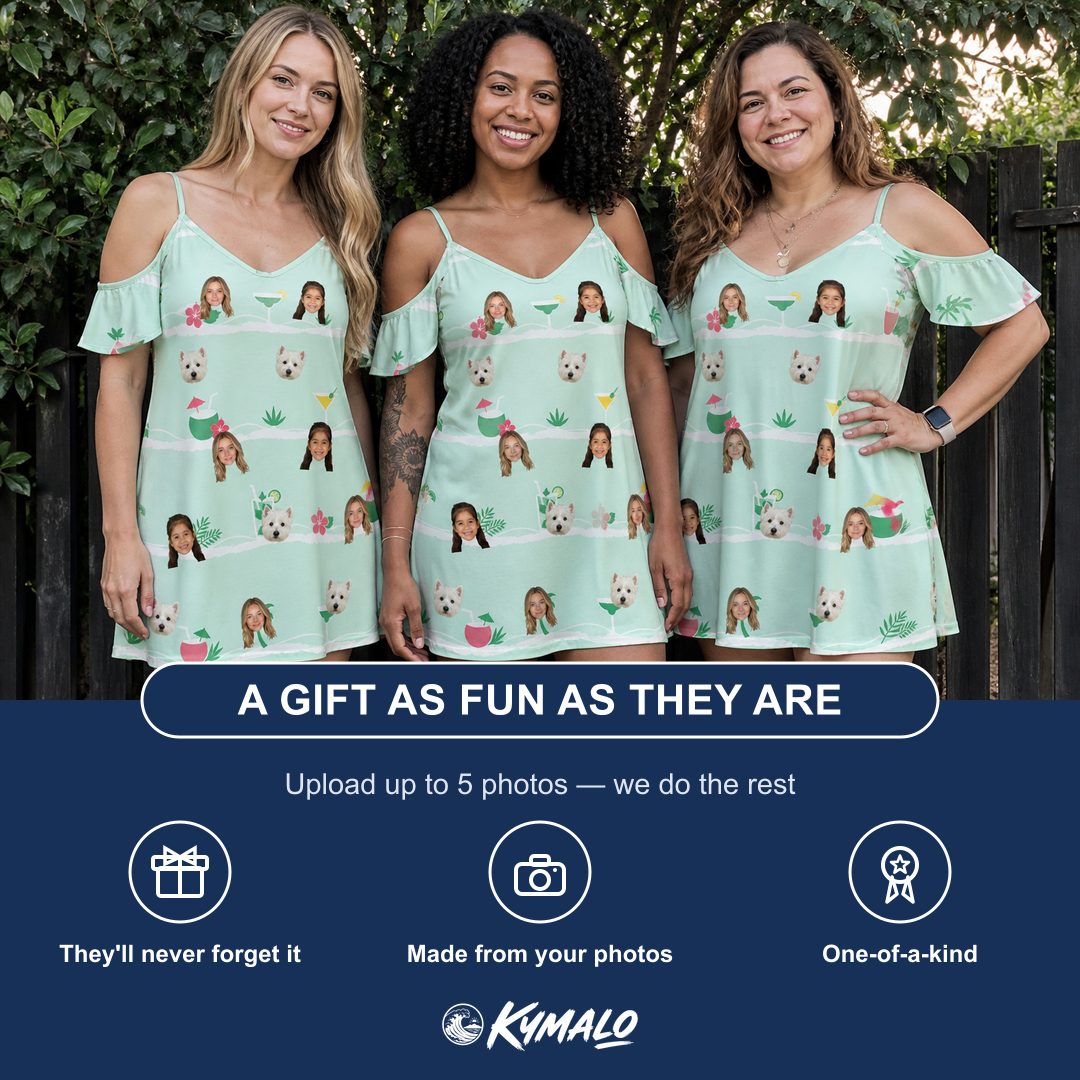 Friends in matching Women's Margarita Mayhem Custom Face Off-Shoulder Dress — a group gift photo