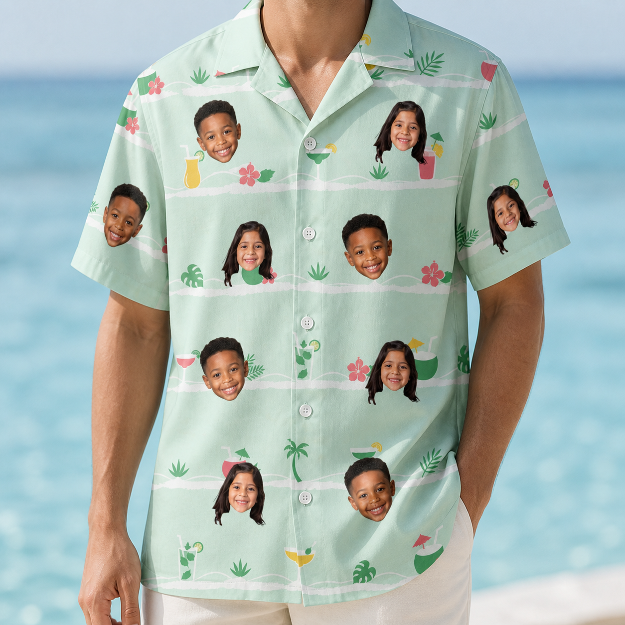 Model wearing Men's Margarita Mayhem Custom Face Hawaiian Shirt printed with kids' faces