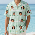 Model wearing Men's Margarita Mayhem Custom Face Hawaiian Shirt printed with kids' faces