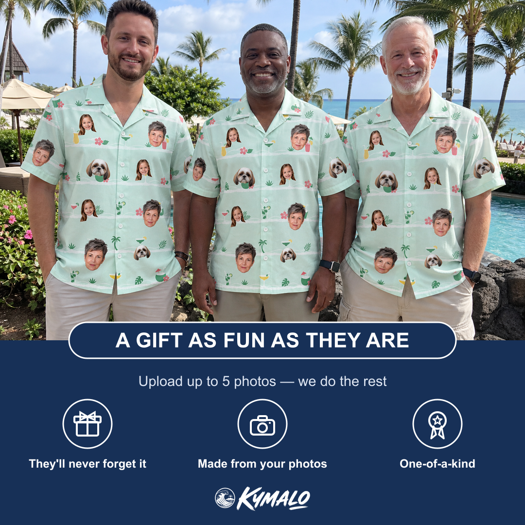 Friends in matching Men's Margarita Mayhem Custom Face Hawaiian Shirt — a group gift photo