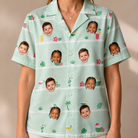 Model wearing Women's Margarita Mayhem Custom Face Hawaiian Shirt printed with kids' faces